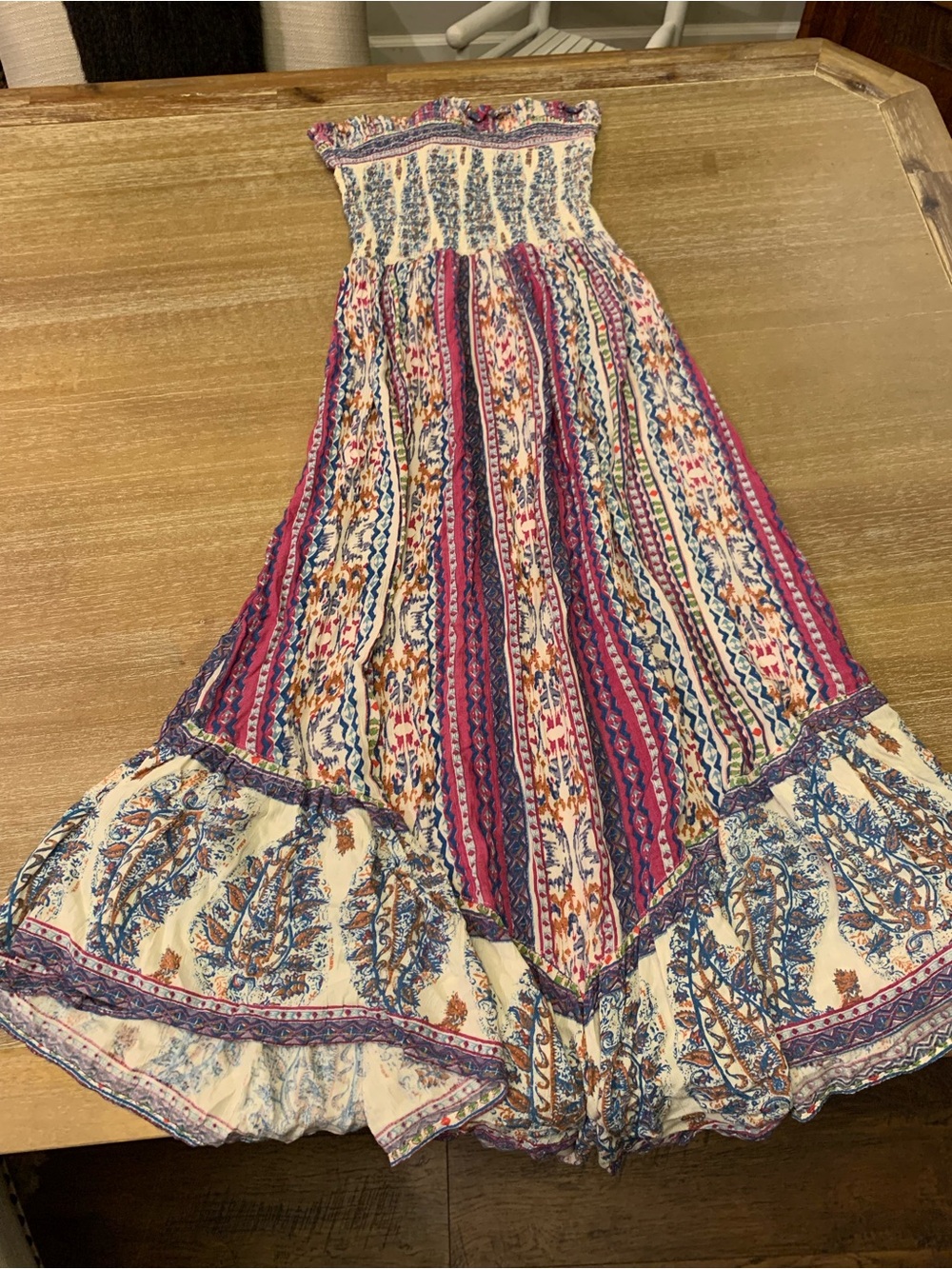 Angie Multicolor Smocked Maxi Dress in Blue, Pink, Cream-beautiful bohemian. - Picture 6 of 9